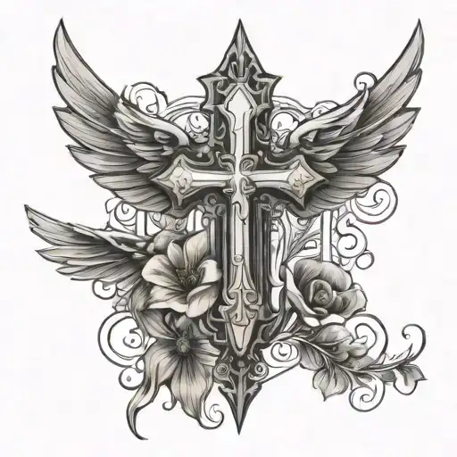 Christian Cross With Wings And Flowers