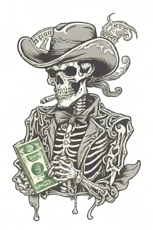 Cowboy Skeleton With Money Pouring