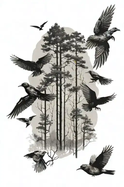 Forest With Birds Flying
