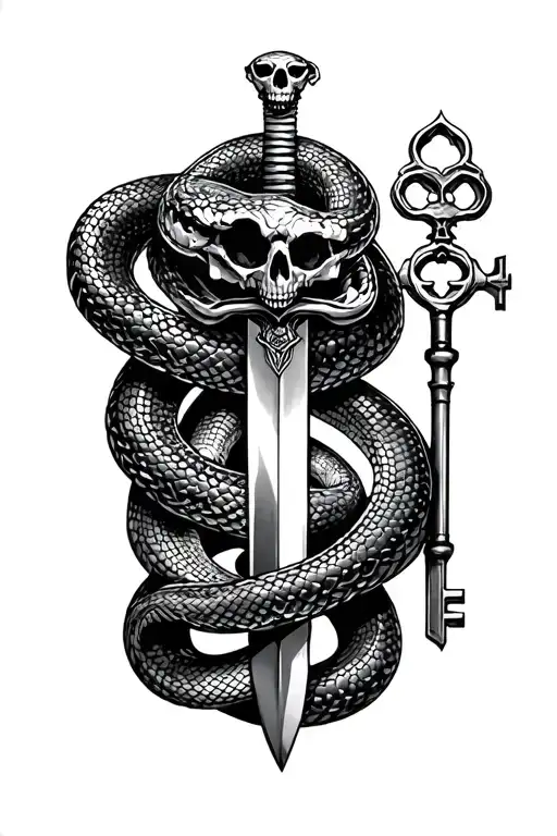 Snake Wrapped Around A Dagger With Skeleton Key