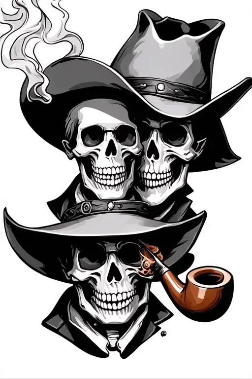 Two Skeleton Cowboys Smoking Pipe