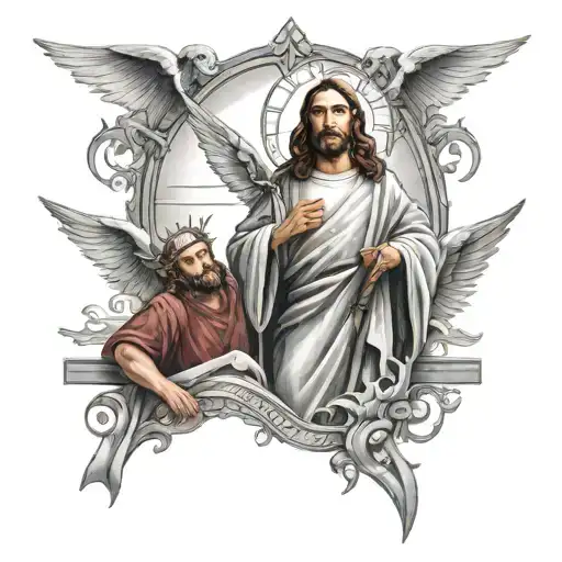 Jesus With Guardian Angel And Crosses
