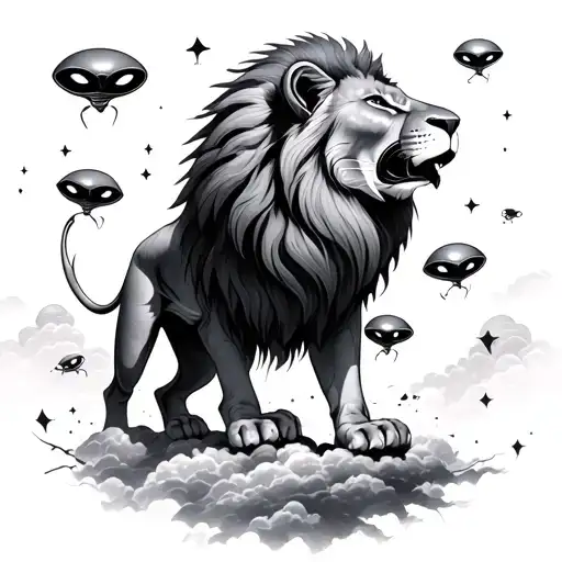 Lion With Aliens All Over The Sky