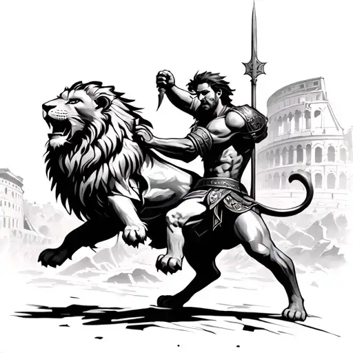 Lion And Warrior Fighting With Colosseum In The Background