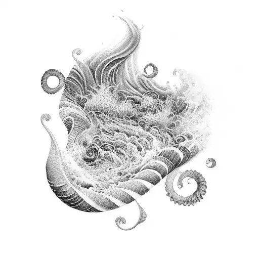 A Black-grey Tattoo Of A Music Sheet Transforming Into Ocean Waves With Seashells Scattered Around