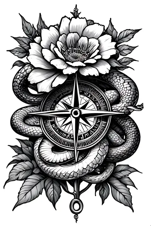 Flowery Hip Tatoo With The Compass And Snake Wrapped