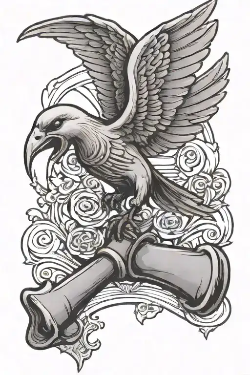 Flying Dove And Skeleton Hand Holding Wooden Hammer Wrapped With A Banner