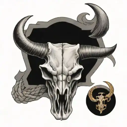 Bull's Skull With Long Horns Horizontally And A Black Mamba Coiled Up On It