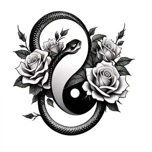 Snake On Roses With Thorns While The Roses Stem Extend To Where The Heart Is Add A Yin And Yang