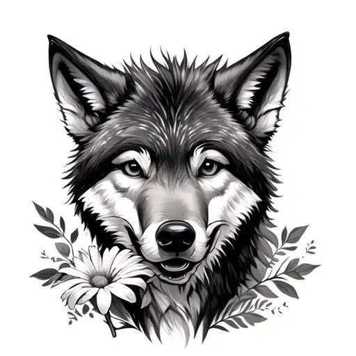 Small Happy Wolf With A Flower In Its Mouth In The Style Of Realism