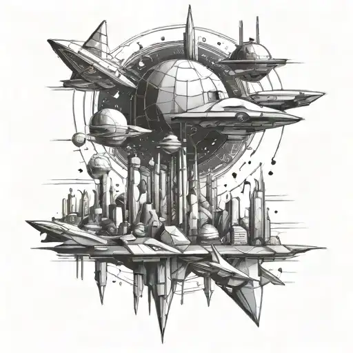 A Geometric Space Landscape Inspired By Technology With Spaceships And Floating Citys
