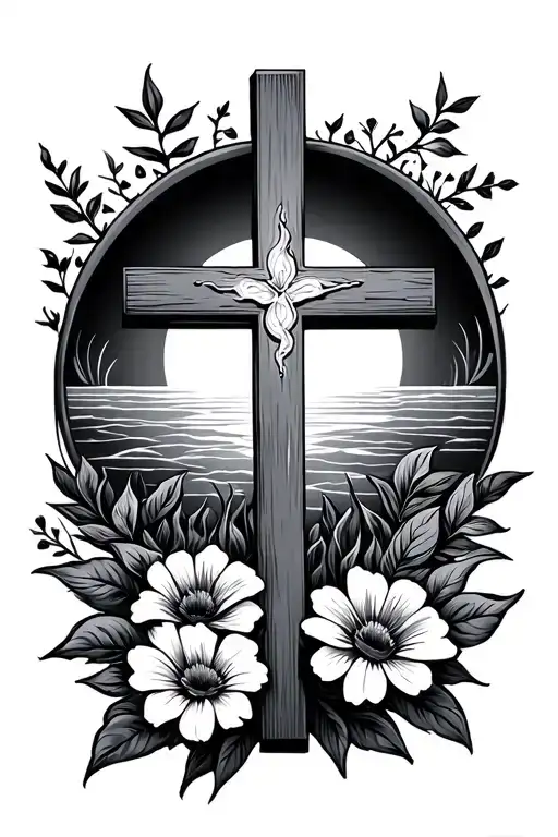 Beautiful Morning Sunrise With A Cross And Flowers