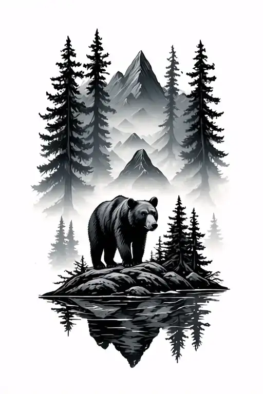 Forest Background With Fog Mountains Behind With Bear In The Centre Of The Forest