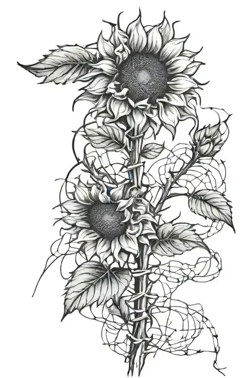 Half Dead Half Alive Sunflower With Barbed Wire Stem