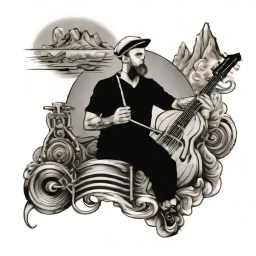 A Sailor Engineer Surrounded By Musical Instruments And Mountain Landscapes In A Dreamy Composition