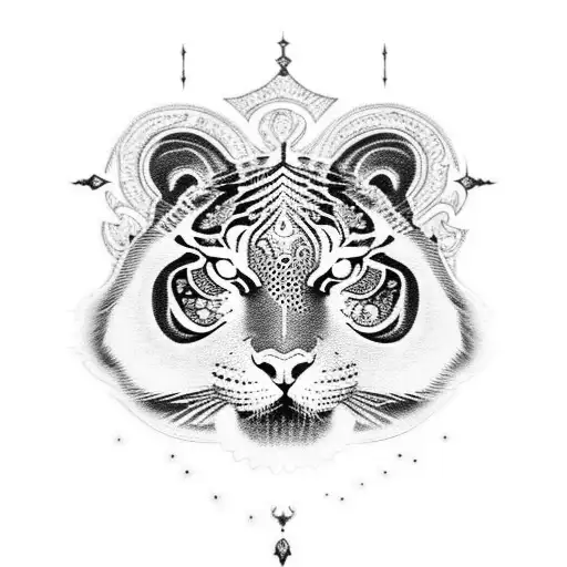 A Fierce Black Tiger Surrounded By Intricate Dotwork Patterns Inspired By Catholic Art