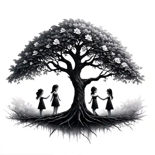 A Tree Of Life Half In Bloom With 3 Little Girl Who Plays The Branch Of The Tree
