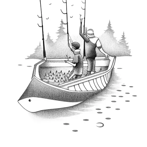 A Father And Son Fishing On A Boat Surrounded By A School Of Colorful Fish