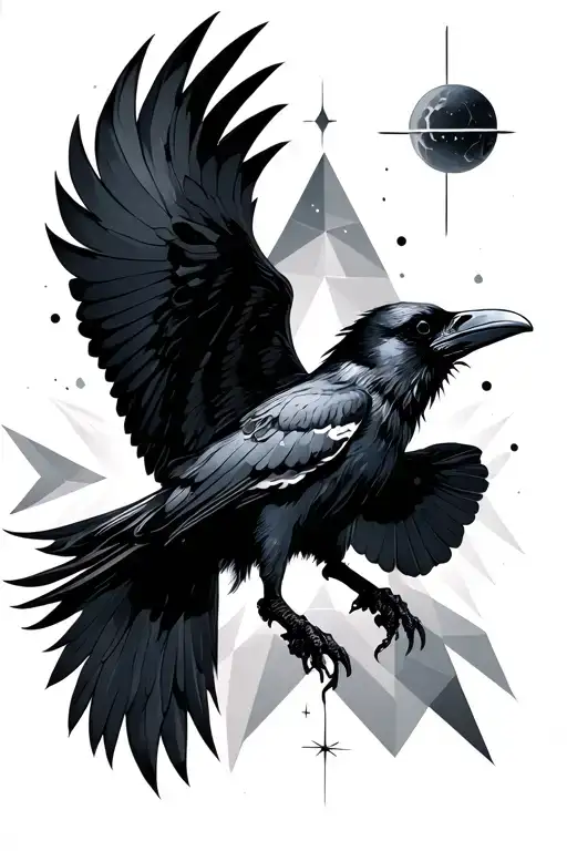 Raven Flying With Celestisl And Geometric Background
