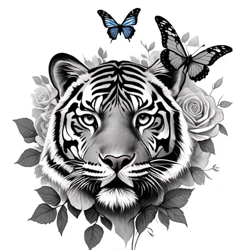 Tiger And Roses With Butterflies