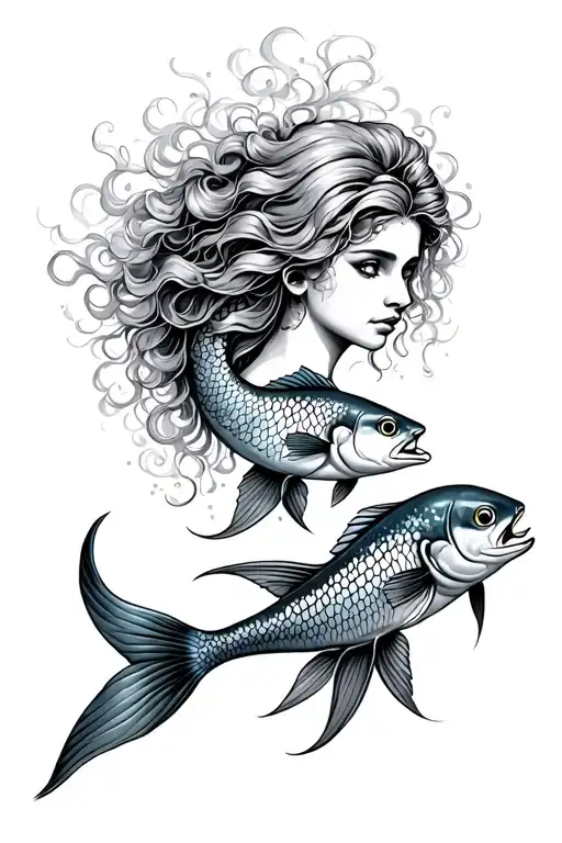 Mermaid Head With Flowy Hair Surrounded By Two Fish To Represent Pisces