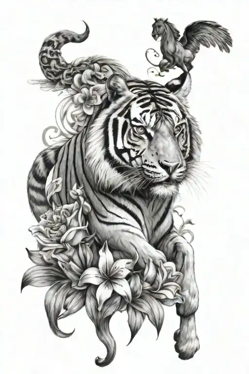 A Tiger And A Horse With Lilly Flowers