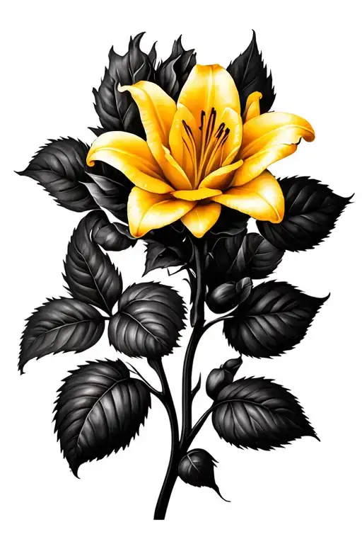 Rose Flower And Yellow Lily Flower On A Stem