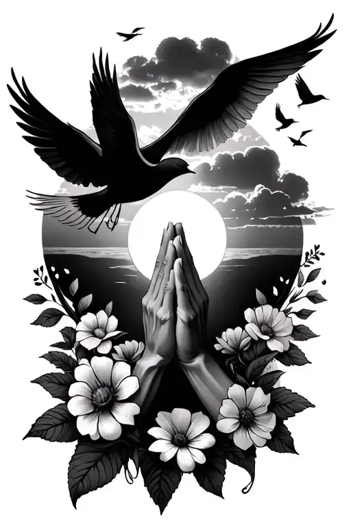 Jesus Hands Praying With Sunset Sky And Birds Singing With Flowers