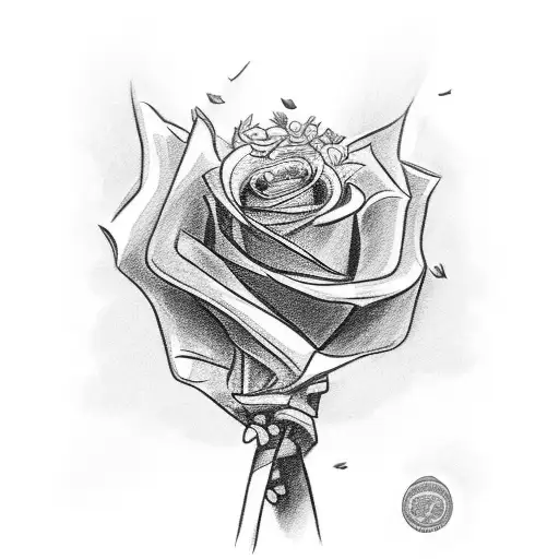 A Black And Grey Sketch-style Tattoo Of Katrina Holding A Bouquet Of Roses And Money