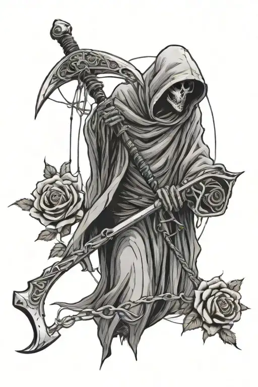 Grim Reaper Holding A Scythe With Roses And Barbed Wire