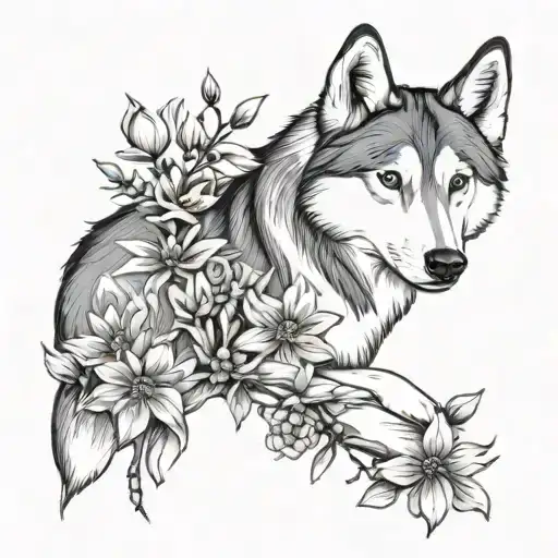 Pink Husky And Daisy Intertwined In Two Branches