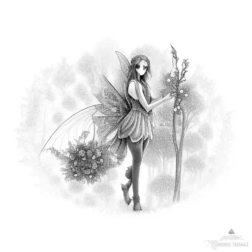 A Mystical Forest At Night With A Fairy Holding A Bouquet Of Roses And Leaves