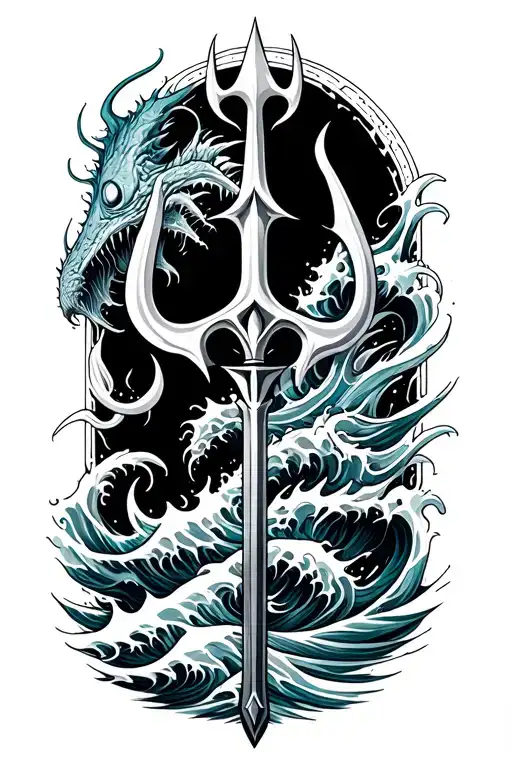 Trident With Waves Surrounding And Sea Monster