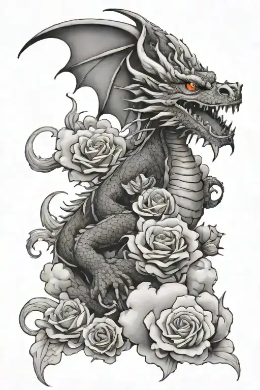 Dragon Breathing Fire With Roses And Clouds