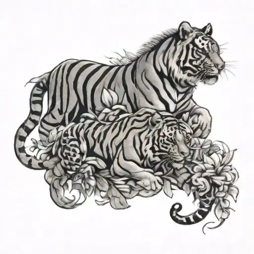 Lilly Flowers Intertwined With A Tiger Battling A Horse