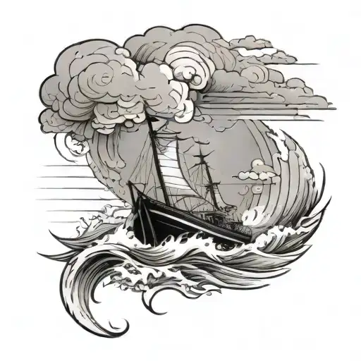 Boat On Big Ocean Swell With A Storm Clouds And Lightning