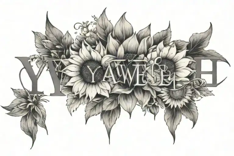 The Word Yaweh With Little Flowers And Sunflowers Underneath Yaweh