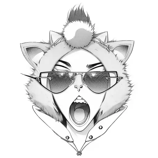 Anime Girl With Fur Trim Jacket And Cat Ears Small Pointed Teeth And Sunglasses On Forehead