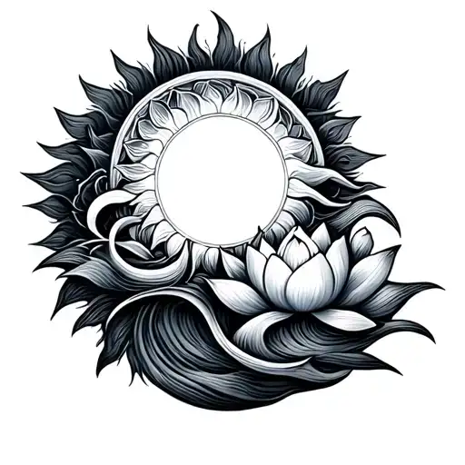 Spiral Sun And Lotus And Waves Flowing