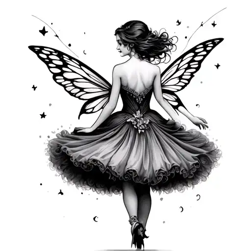 Back Of A Fairy With Wings On Its Back In A Dancing Dress
