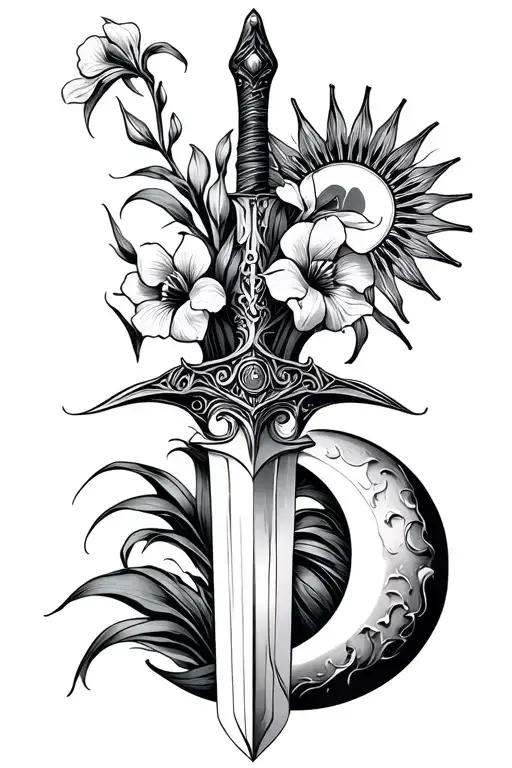 Small Dagger With Iris Flowers Growing Up Sword With Sun And Moon