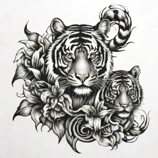 Lilly Flowers Intertwined With One Tiger And One Horse