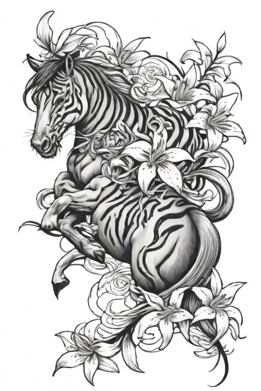 Horse And Tiger With Lilly Flowers Intertwined