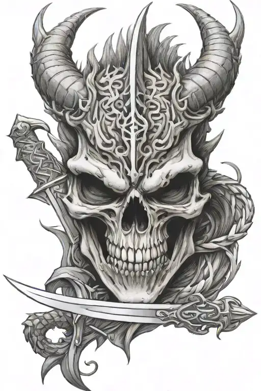 Skull Of A Dragon Head With A Sword Piercing In