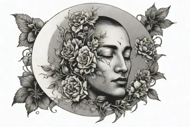 A Moon With A Mans Face Surrounded By Delicate Flowers