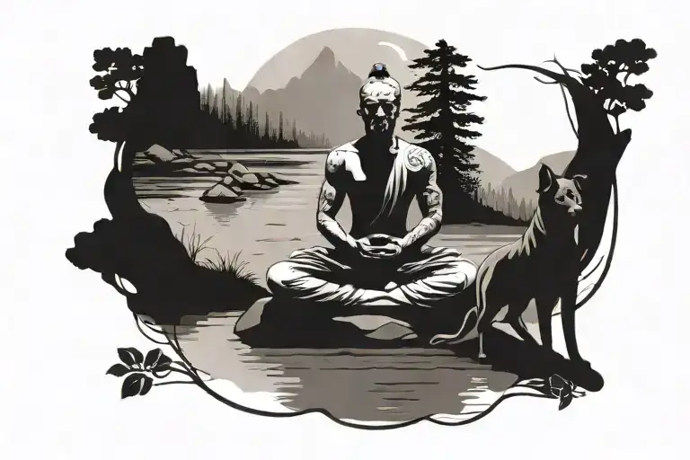 Figure Meditating With A Dog By A River