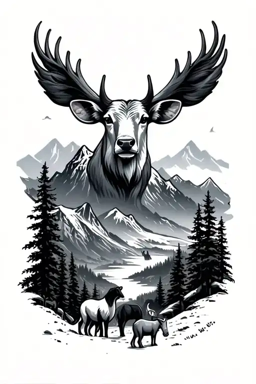 Mountain Scene Featuring Various Animals