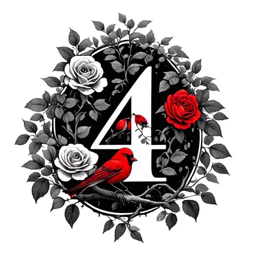 Willow Tree With Rose A Red Bird Perched And The Number 4