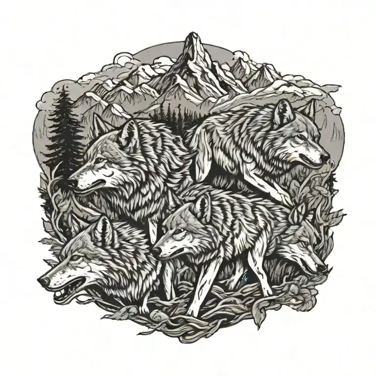 Pack Of Wolves In Mountains