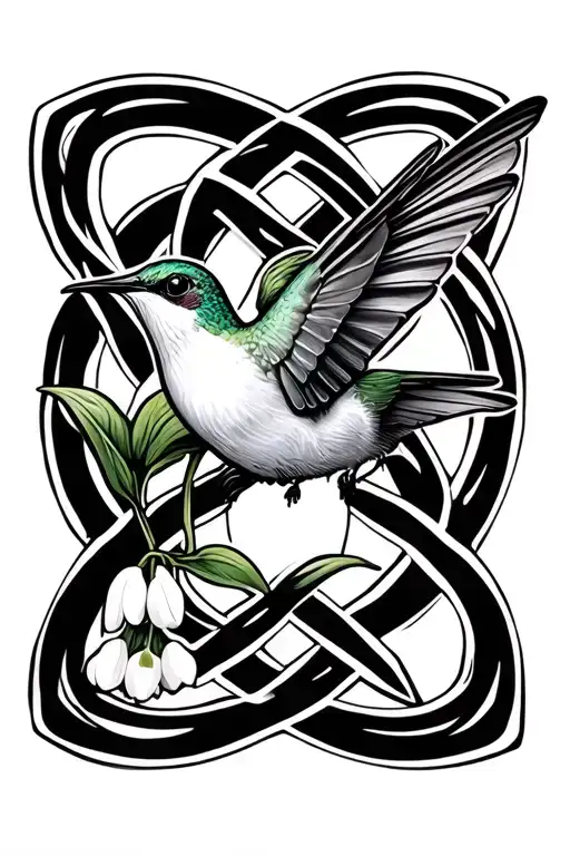 Lilly Of The Valley With A Humming Bird Infront Of A Celtic Knot